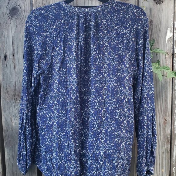 Lucky Brand size Small blue peasant top floral boho blouse viscose tie hippie - Picture 3 of 7